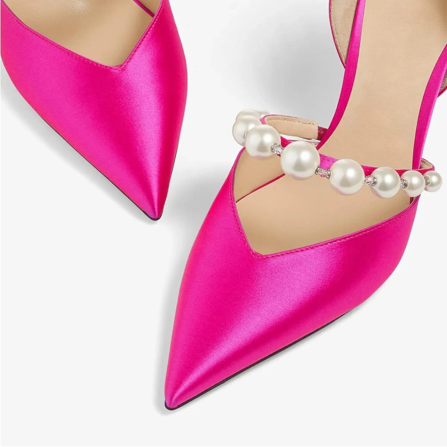 JiaBinji Women Pearl Heels Strappy Sandals Pointed Toe Backless Stiletto Slip On Pumps Dress Bridal Party Pumps