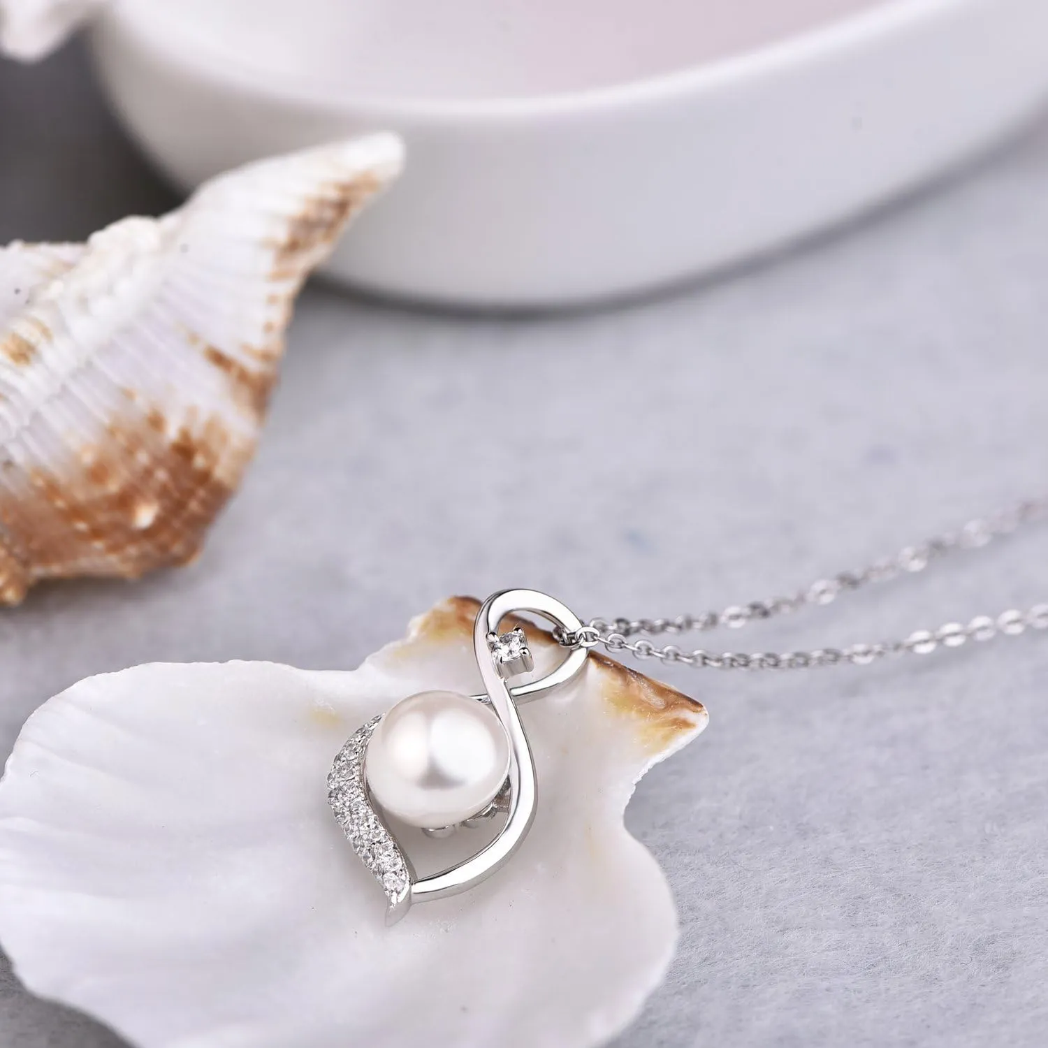 JO WISDOM Freshwater Cultured Pearl Pendant Necklace for Women in Sterling Silver,Infinity Design Necklace with 9mm Pearl and 2mm Gemstone