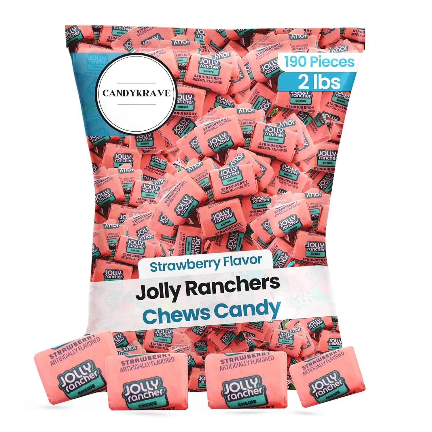 Jolly Rancherrs Chews Candy - Strawberry Flavor - 190 Pieces of Intense Strawberry Blast - Individually Wrapped Delicious Candy Chews for Birthdays, Easter, Christmas & Pantry (2 lbs)
