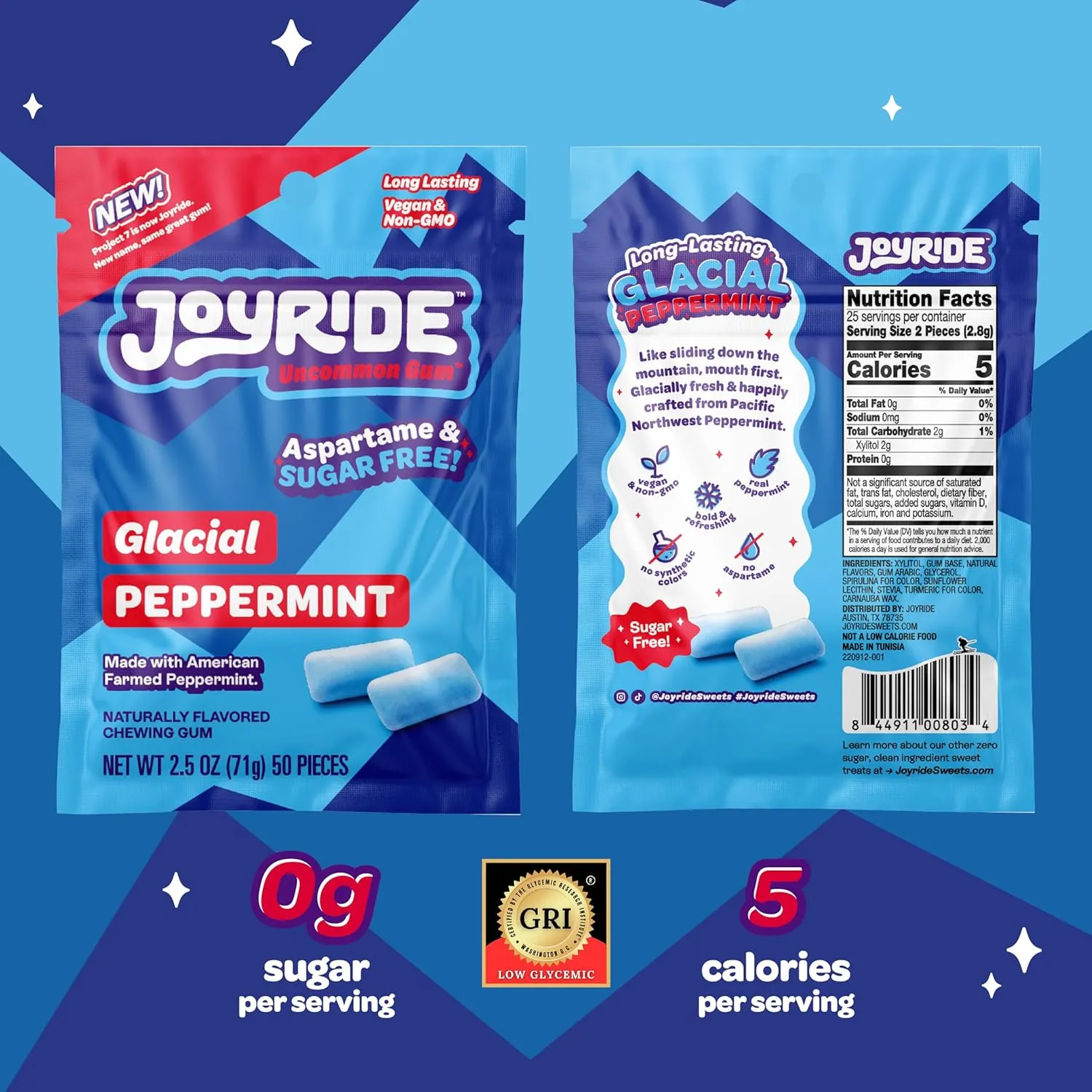 JOYRIDE Gummy Busters - 3.5 oz 6-Pack Bundle with 2.5oz Glacial Peppermint Gum, Low Sugar, Low Calorie Snacks, Dye Free and Plant Based Candy (7 Items)