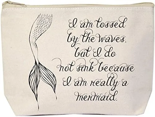 Jules Natural Canvas Extra Large Makeup Zipper Bag I Am Tossed By The Waves But I Do Not Sink Because I'm Really A Mermaid