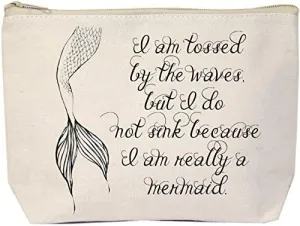 Jules Natural Canvas Extra Large Makeup Zipper Bag I Am Tossed By The Waves But I Do Not Sink Because I'm Really A Mermaid