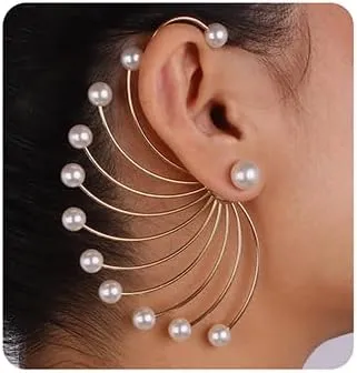 Jumwrit Big Pearl Ear Jacket Front Back Earrings - Peacock Shape Golden Chain Pearl Stud for Women