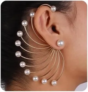 Jumwrit Big Pearl Ear Jacket Front Back Earrings - Peacock Shape Golden Chain Pearl Stud for Women