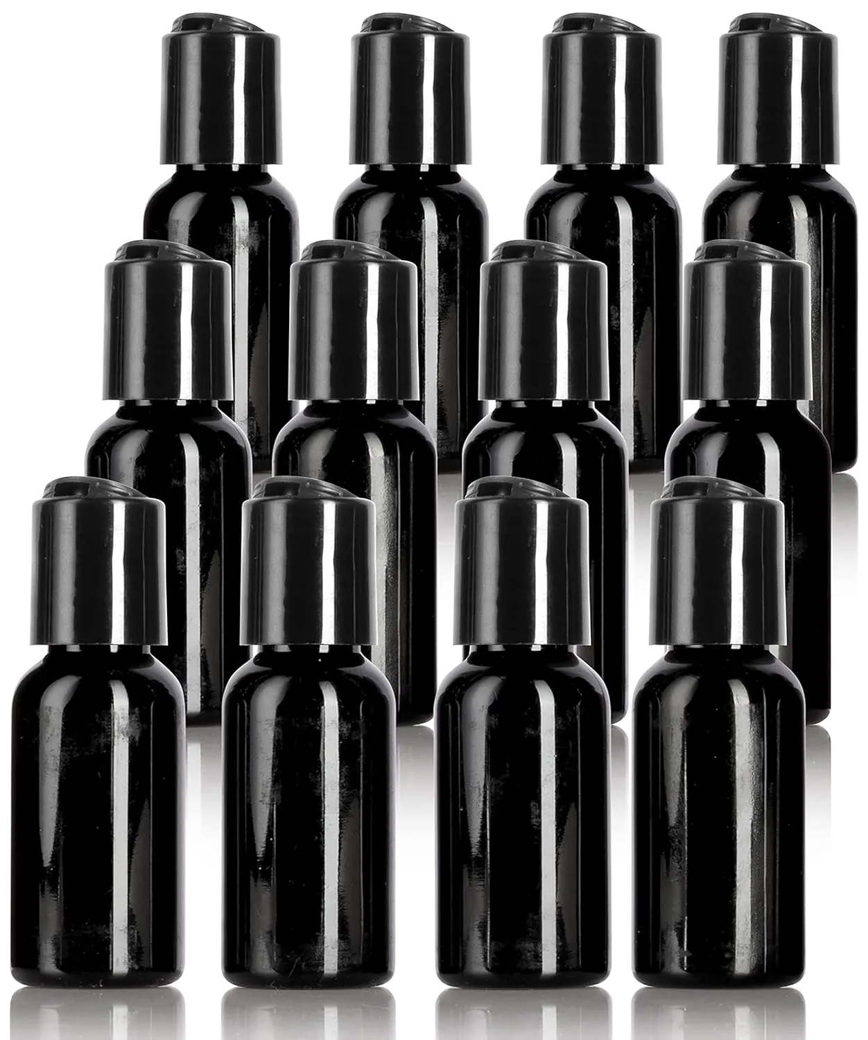 JUVITUS (12 Pack) 1 oz Black Boston Round PET Plastic Bottle with Black Disc Cap