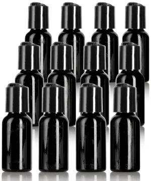 JUVITUS (12 Pack) 1 oz Black Boston Round PET Plastic Bottle with Black Disc Cap