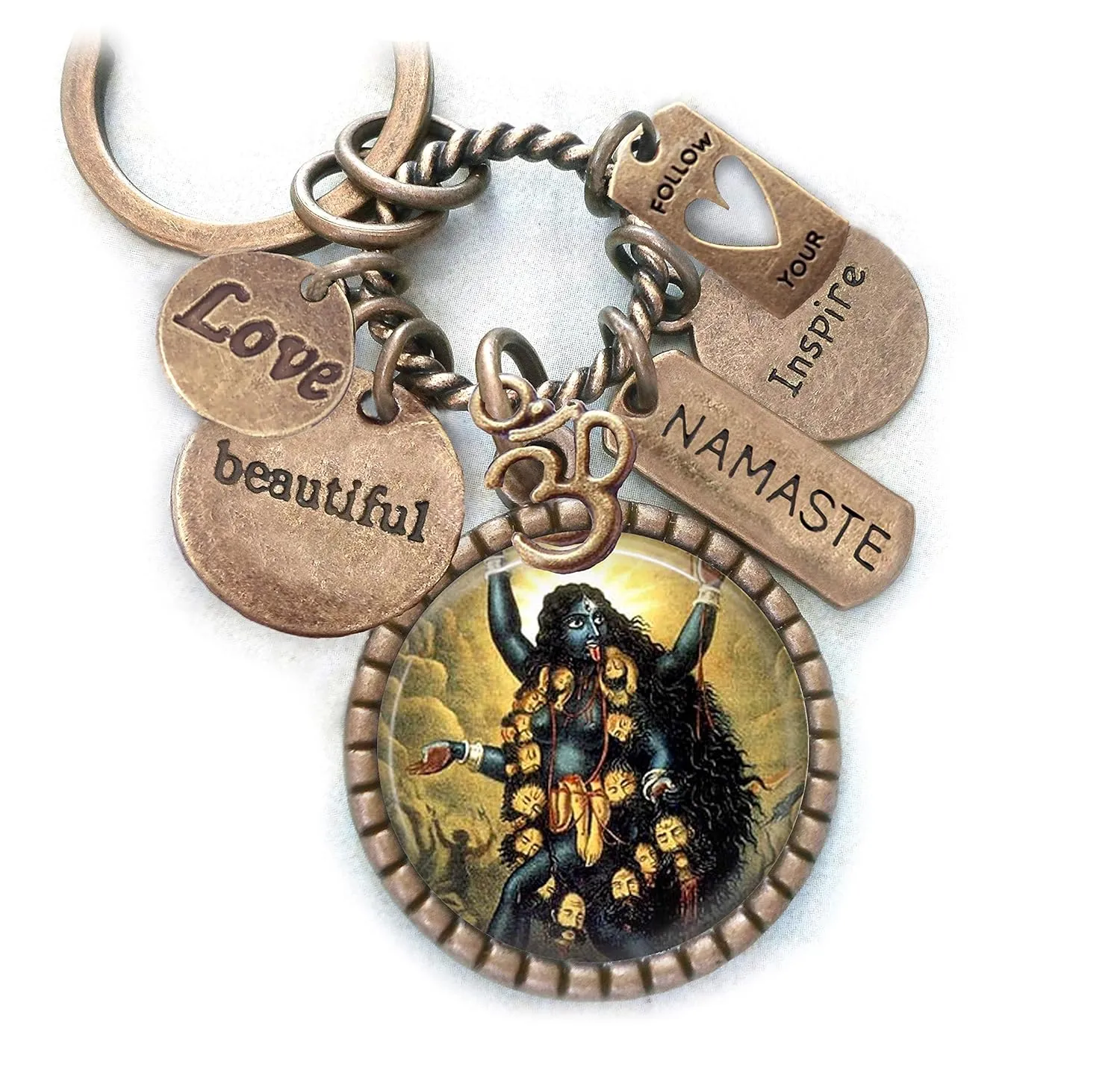 Kali Ma Key Chain, Backpack Purse-Clip or Necklace, Aum, Namaste Charms, Hindu Goddess Deity, Hindu Devotional Gift