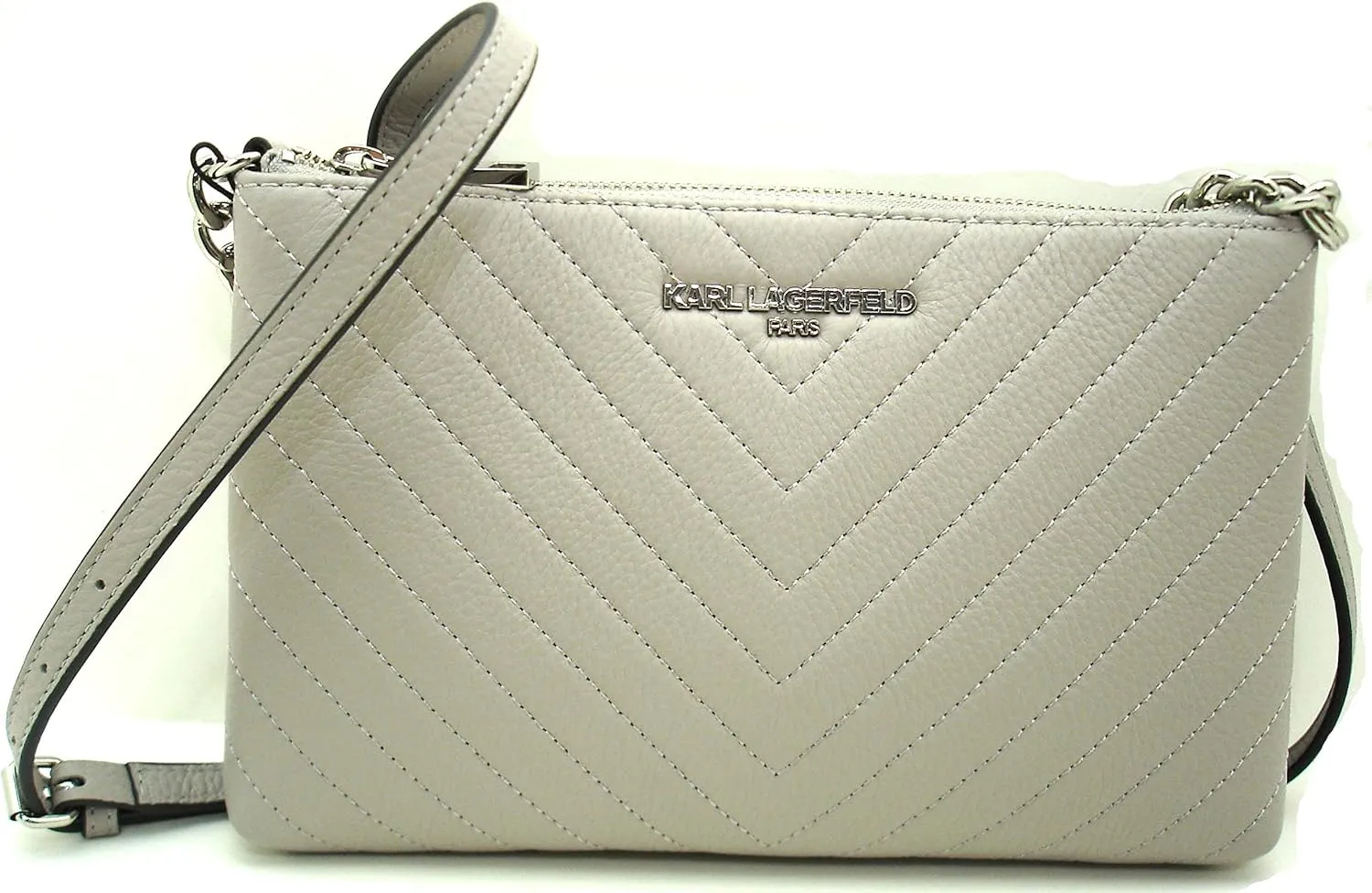 Karl Lagerfeld Paris Charlotte Pebbled Leather Crossbody Light Grey/Silver, Small