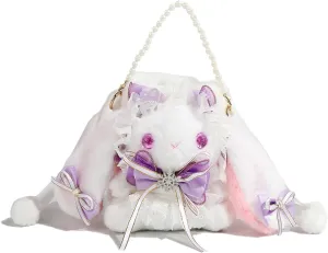 Kawaii Fuzzy Bunny Crossbody Purse Plush Rabbit Shoulder Bag Small Bag Cute Lolita Handbag Wallets with Pearl Chain