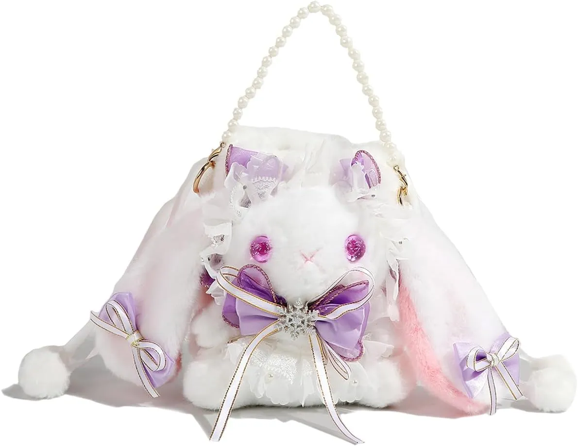 Kawaii Fuzzy Bunny Crossbody Purse Plush Rabbit Shoulder Bag Small Bag Cute Lolita Handbag Wallets with Pearl Chain