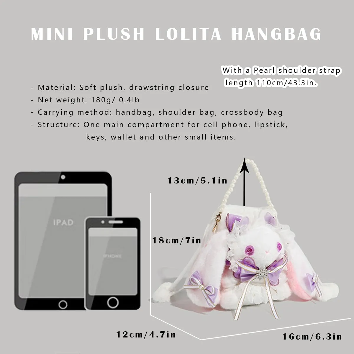 Kawaii Fuzzy Bunny Crossbody Purse Plush Rabbit Shoulder Bag Small Bag Cute Lolita Handbag Wallets with Pearl Chain