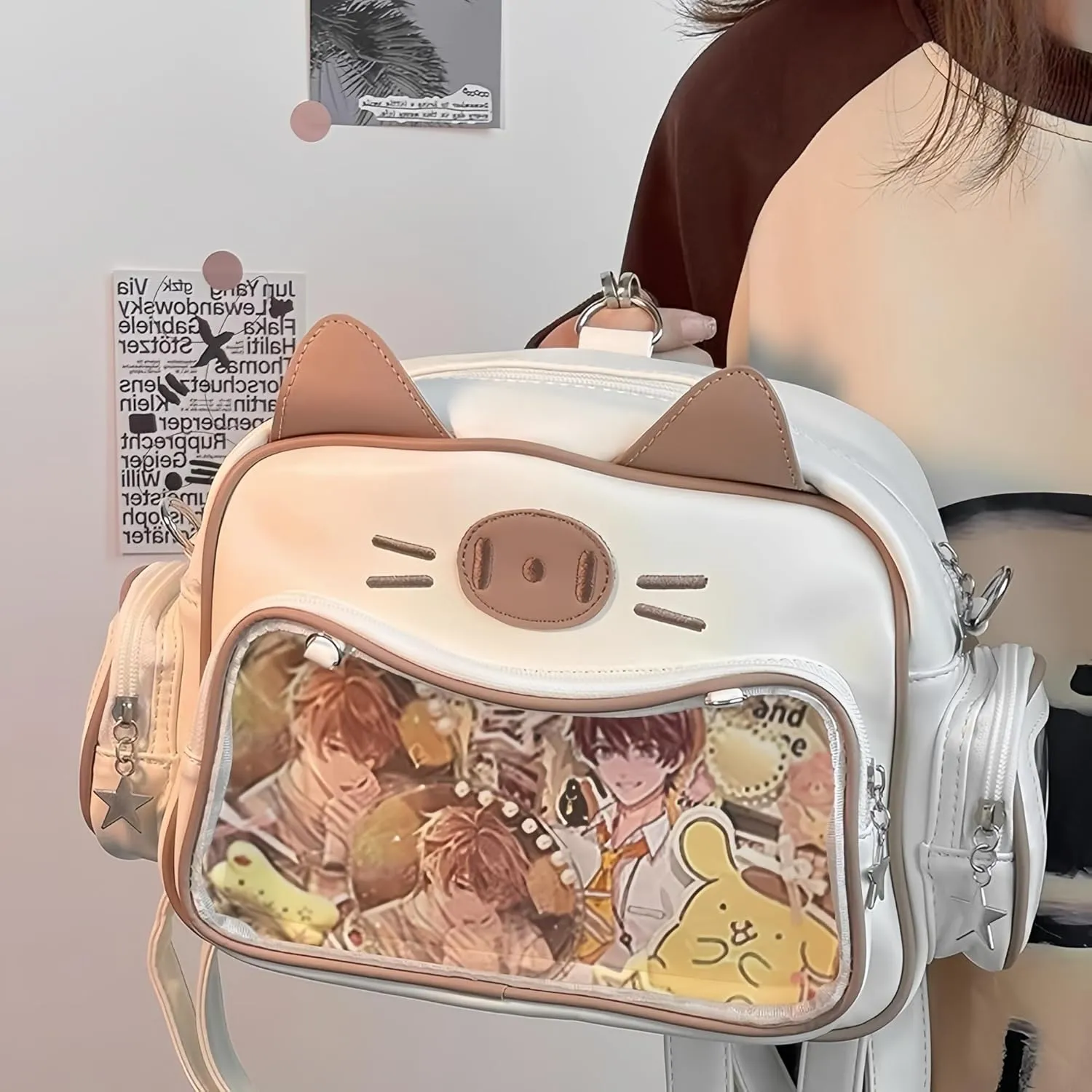 Kawaii Ita Bag Backpack with Insert Cute Cat Crossbody Shoulder Bag Big Capacity Japanese Pin Display Bag (off-white)