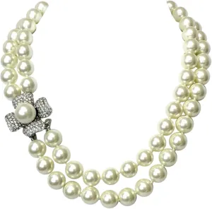 Kenneth Jay Lane, 18″ INCH 2 ROW LIGHT CULTURA 12MM PEARL NECKLACE WITH RHINESTONE &PEARL CENTER FLOWER CLASP