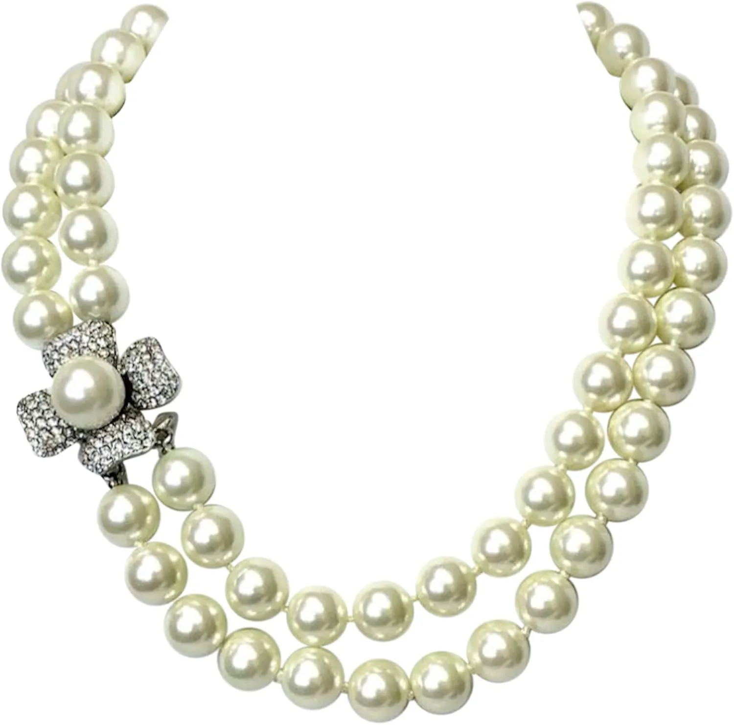 Kenneth Jay Lane, 18″ INCH 2 ROW LIGHT CULTURA 12MM PEARL NECKLACE WITH RHINESTONE &PEARL CENTER FLOWER CLASP