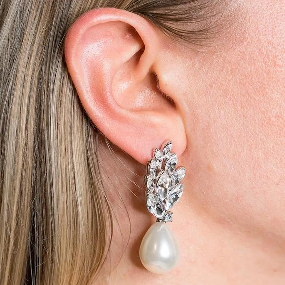 Kenneth Jay Lane Crystal and Pearl Silver Clip Earrings