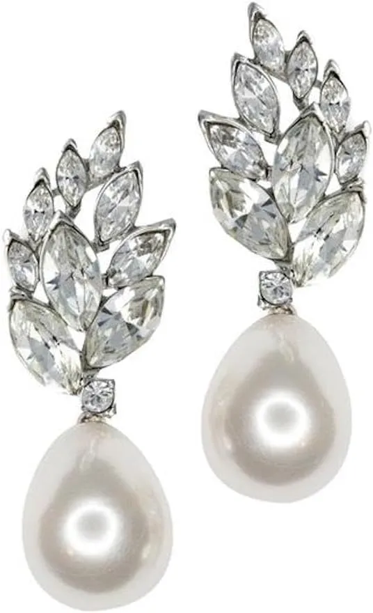 Kenneth Jay Lane Crystal and Pearl Silver Clip Earrings