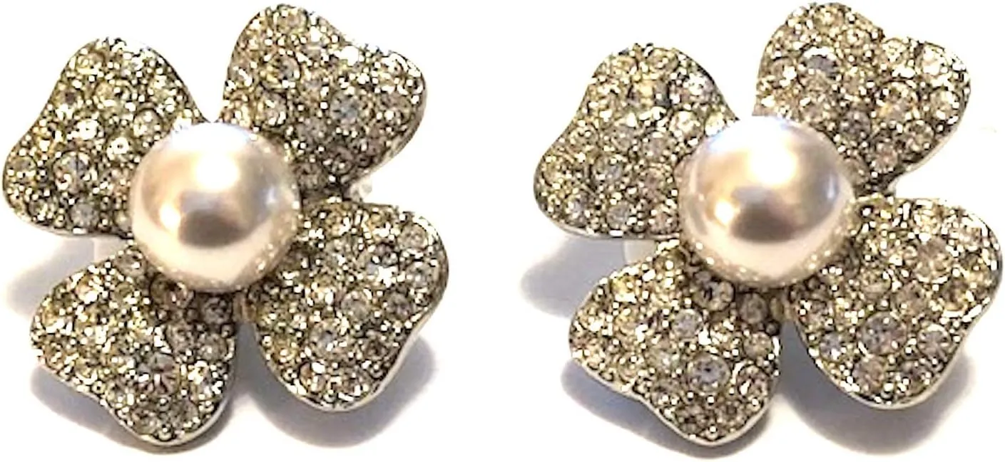 KENNETH JAY LANE, PAVE CRYSTAL OR BLACK CRYSTAL CLOVER FLOWER CLIP EARRINGS WITH PEARL CENTER, GORGEOUS!!!