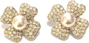 KENNETH JAY LANE, PAVE CRYSTAL OR BLACK CRYSTAL CLOVER FLOWER CLIP EARRINGS WITH PEARL CENTER, GORGEOUS!!!