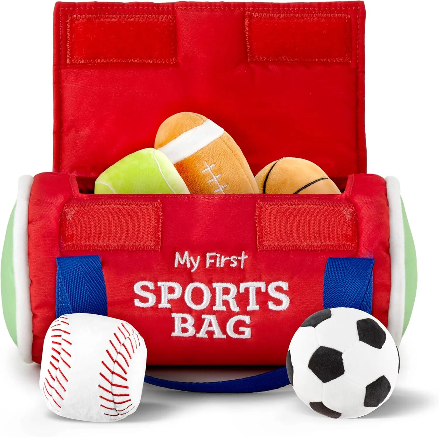 Kidaddle Baby's First Sports Bag: Plush Sensory Balls for Baby, Toddler Sports Bag with Rattling Football, Squeaky Soccer Ball, Crinkle Baseball Toy and More!