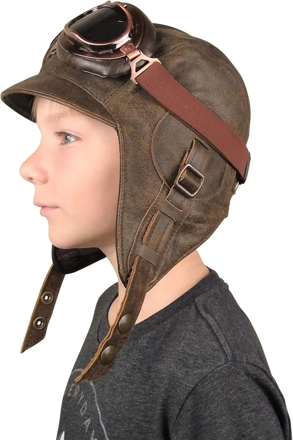 Kids Aviator Hat with Goggles, Real Brown Leather, Children's Pilot Flying Cap/Helmet (Medium, Hat and Goggles A)