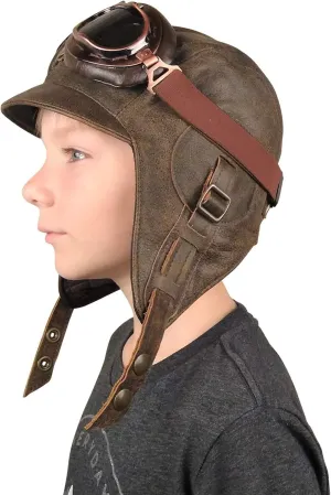 Kids Aviator Hat with Goggles, Real Brown Leather, Children's Pilot Flying Cap/Helmet (Medium, Hat and Goggles A)