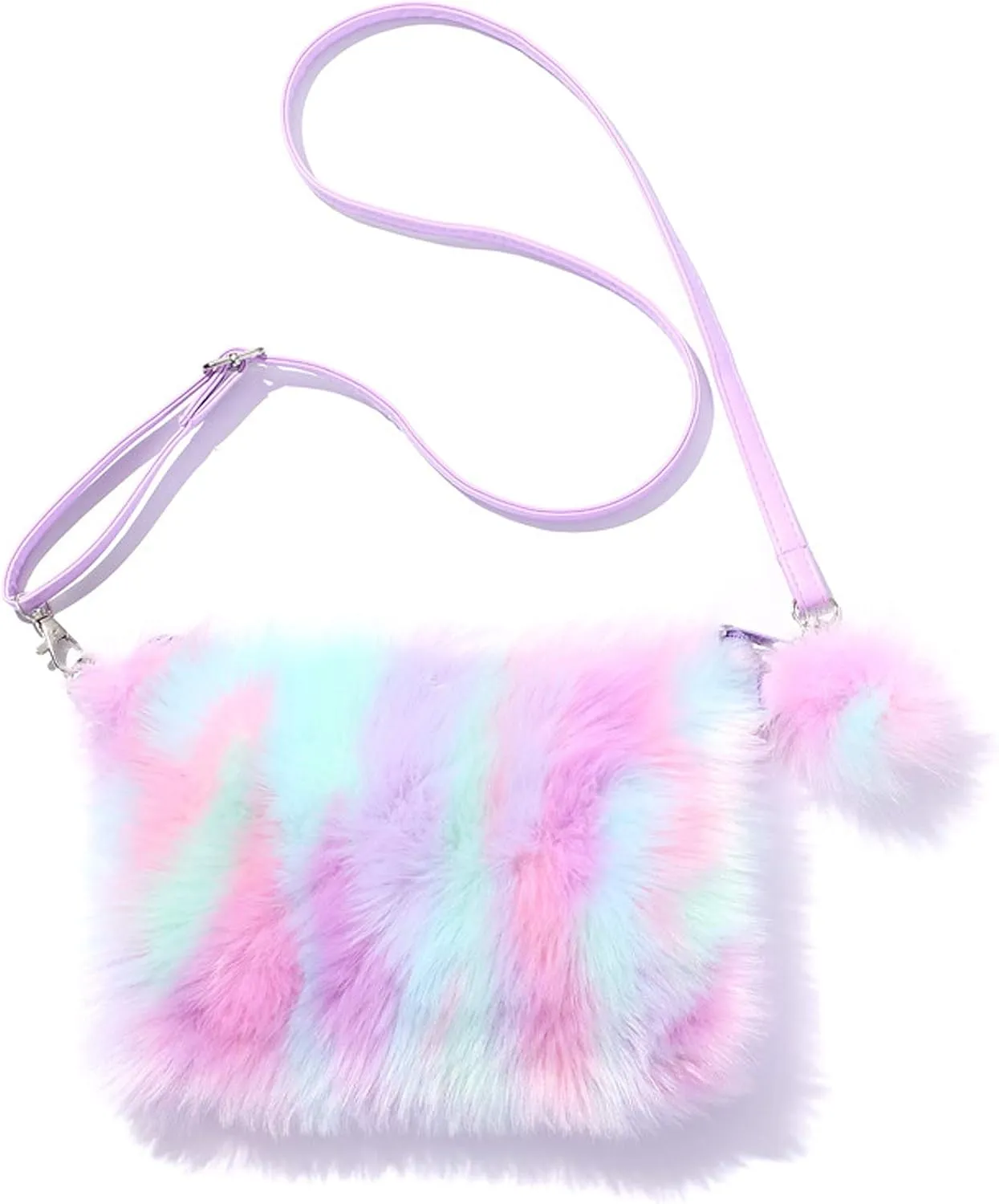Kids Girls Fluffy Crossbody Purse Fuzzy Bag Plush Tie Dye Rainbow Shoulder Bag Handbag Wallet