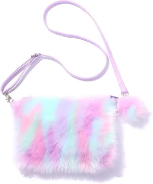 Kids Girls Fluffy Crossbody Purse Fuzzy Bag Plush Tie Dye Rainbow Shoulder Bag Handbag Wallet