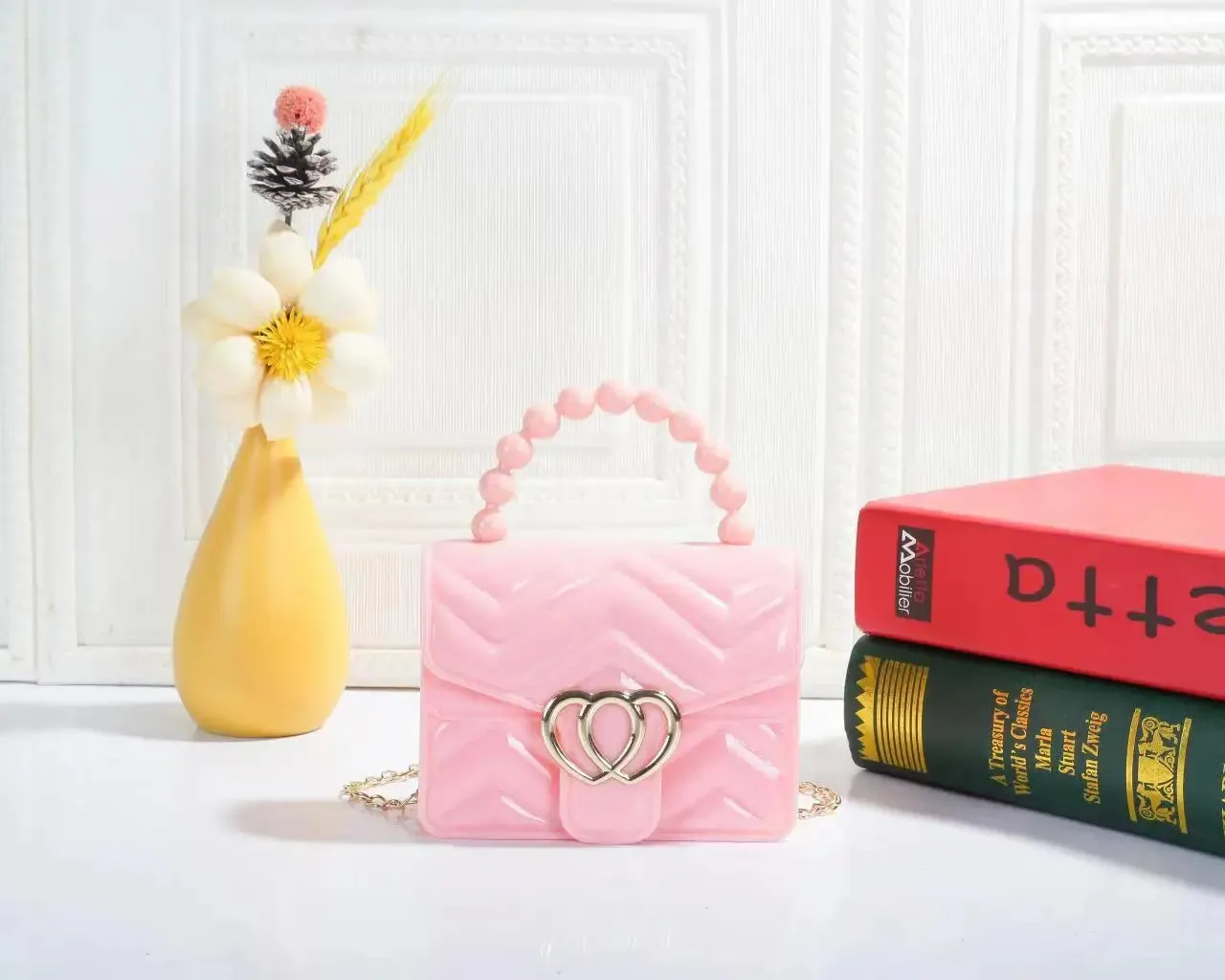 Kids Mini Candy Color Pearl Chain Handle Messenger Bag Women PU Leather Elegant Love Heart Small Shoulder Crossbody Handbag Gift