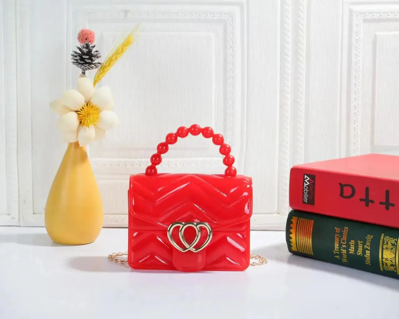 Kids Mini Candy Color Pearl Chain Handle Messenger Bag Women PU Leather Elegant Love Heart Small Shoulder Crossbody Handbag Gift