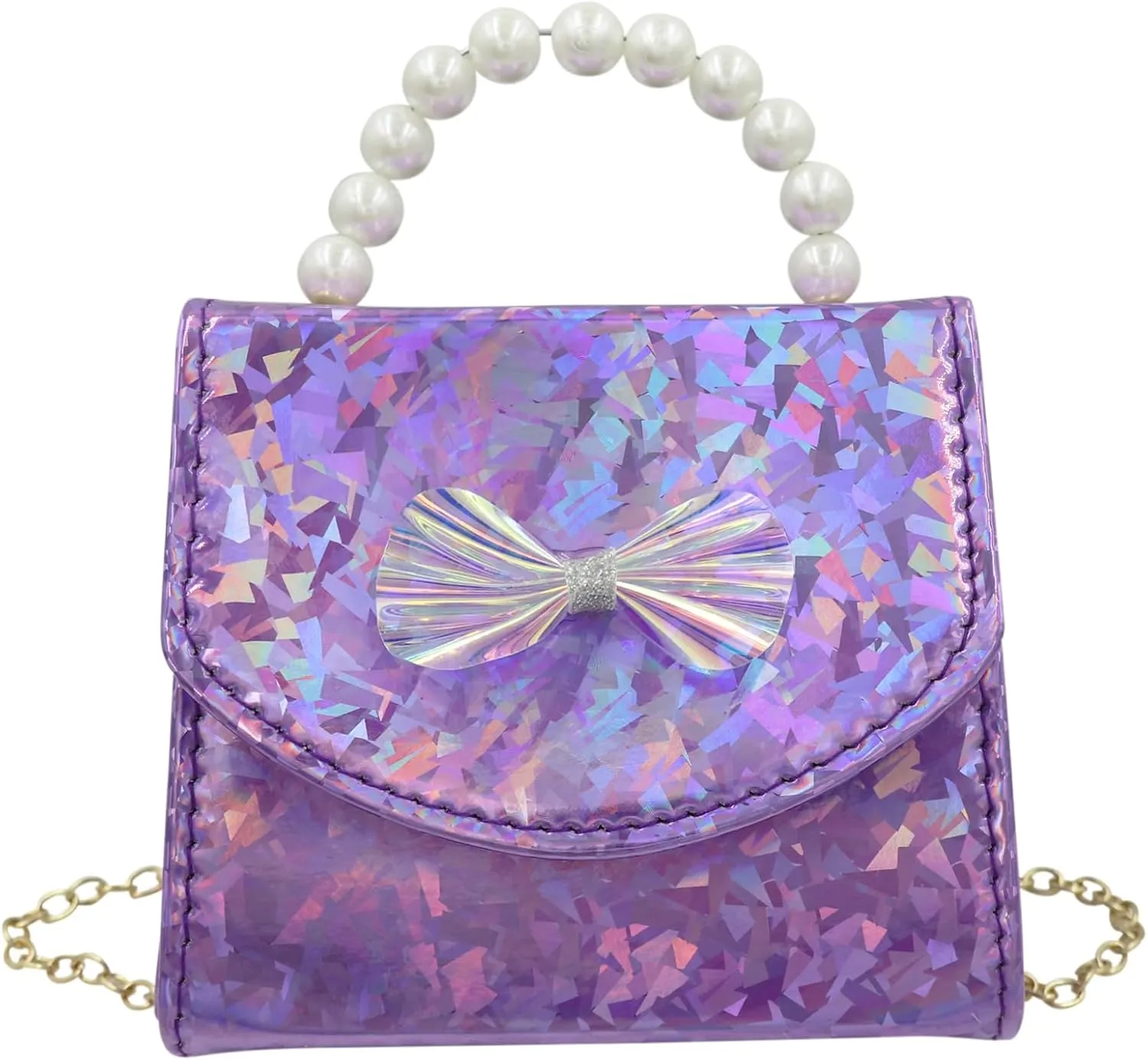 Kids Mini Purse for Little Girls Holographic Leather Crossbody Purses Cute Pearl Top Handle Shoulder Bag Wallet