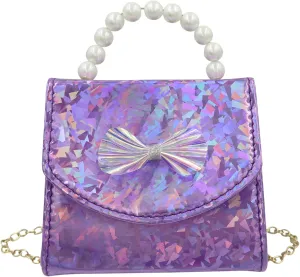 Kids Mini Purse for Little Girls Holographic Leather Crossbody Purses Cute Pearl Top Handle Shoulder Bag Wallet