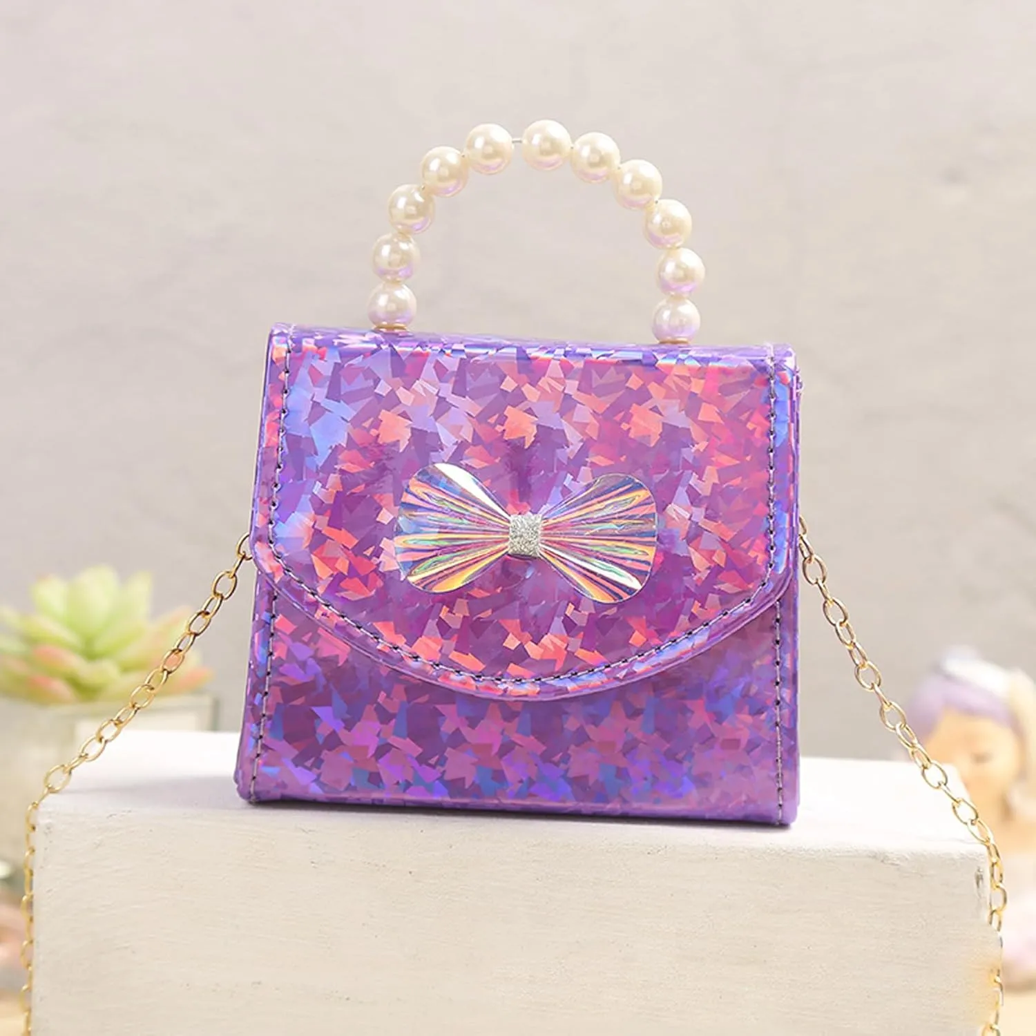 Kids Mini Purse for Little Girls Holographic Leather Crossbody Purses Cute Pearl Top Handle Shoulder Bag Wallet