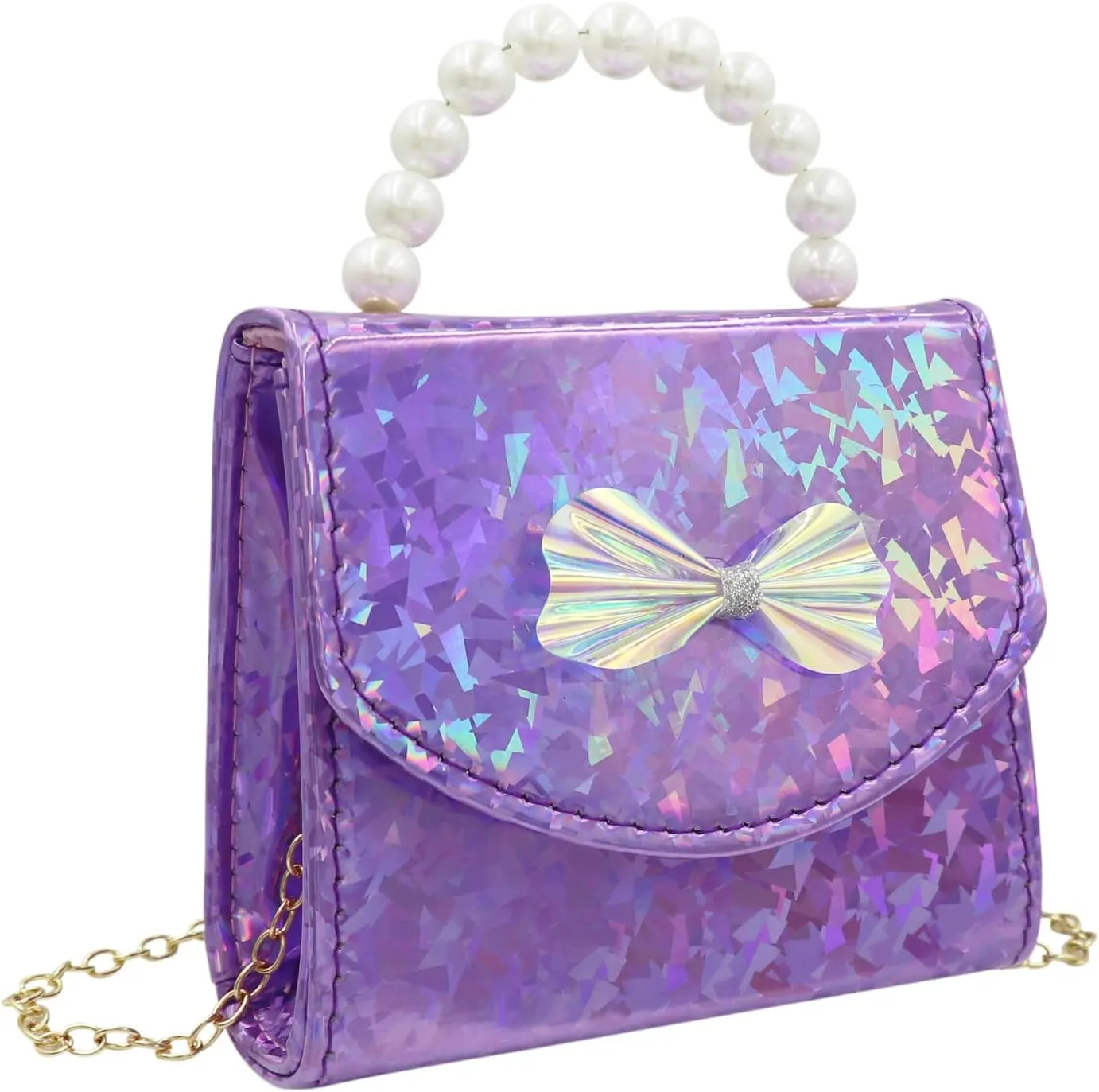 Kids Mini Purse for Little Girls Holographic Leather Crossbody Purses Cute Pearl Top Handle Shoulder Bag Wallet