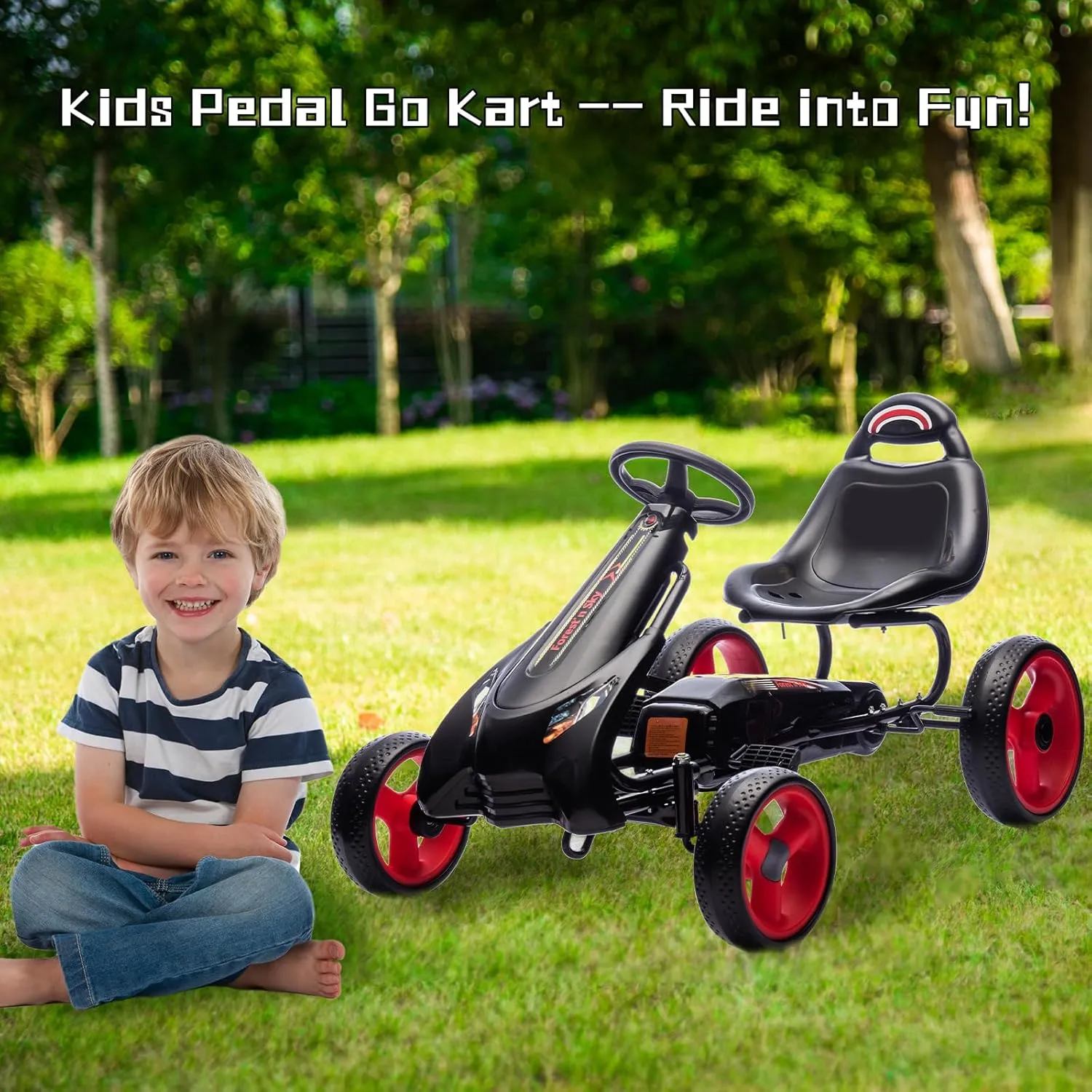 Kids Pedal Go Kart,4 Wheels Racer Toy Car with Adjustable Seat,Pedal Powered Ride On Car,Outdoor Ride on Toys,Non-SLI EVA Rubber Tires,Gift for Boys and Girls Aged 3-8 Years Old (Black)