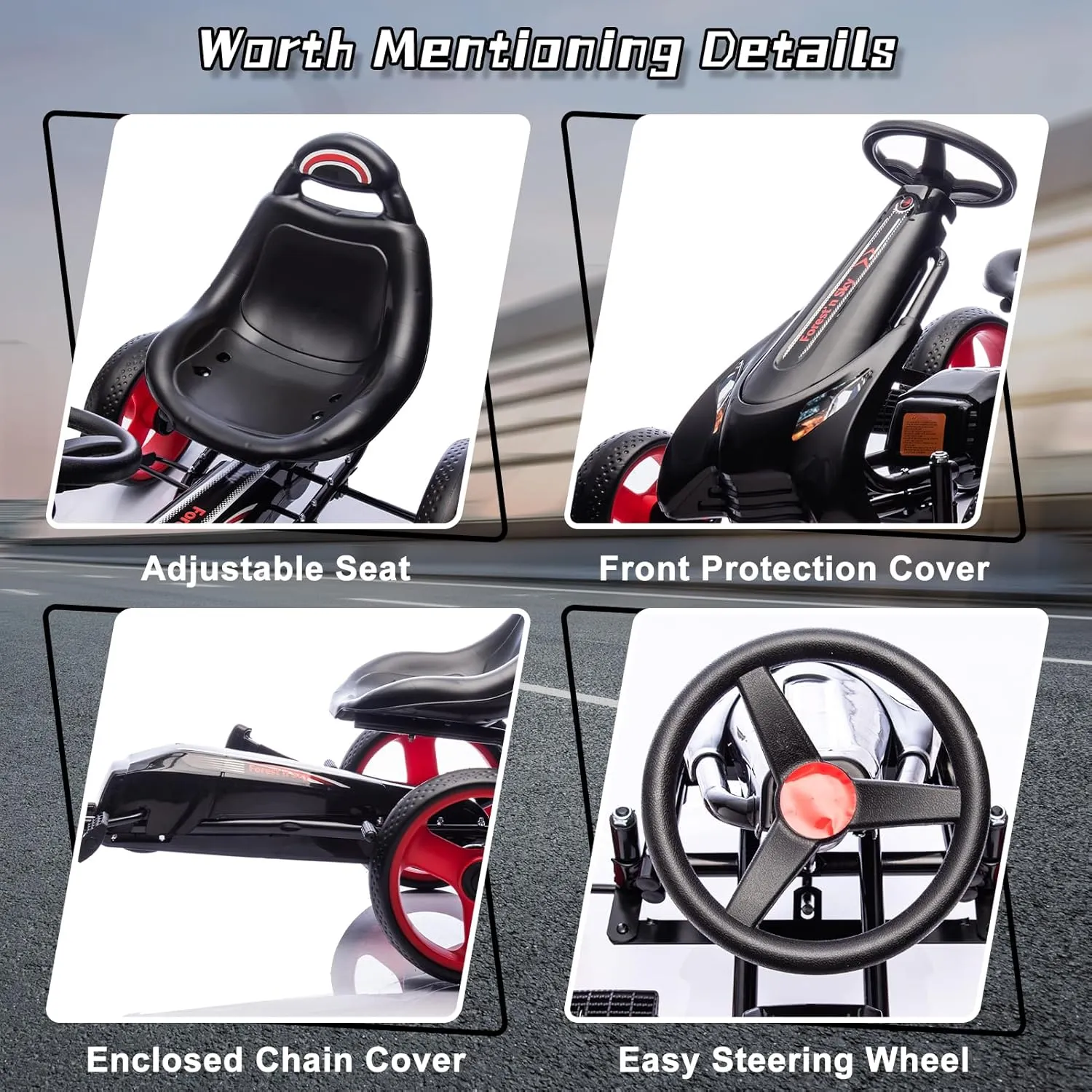 Kids Pedal Go Kart,4 Wheels Racer Toy Car with Adjustable Seat,Pedal Powered Ride On Car,Outdoor Ride on Toys,Non-SLI EVA Rubber Tires,Gift for Boys and Girls Aged 3-8 Years Old (Black)