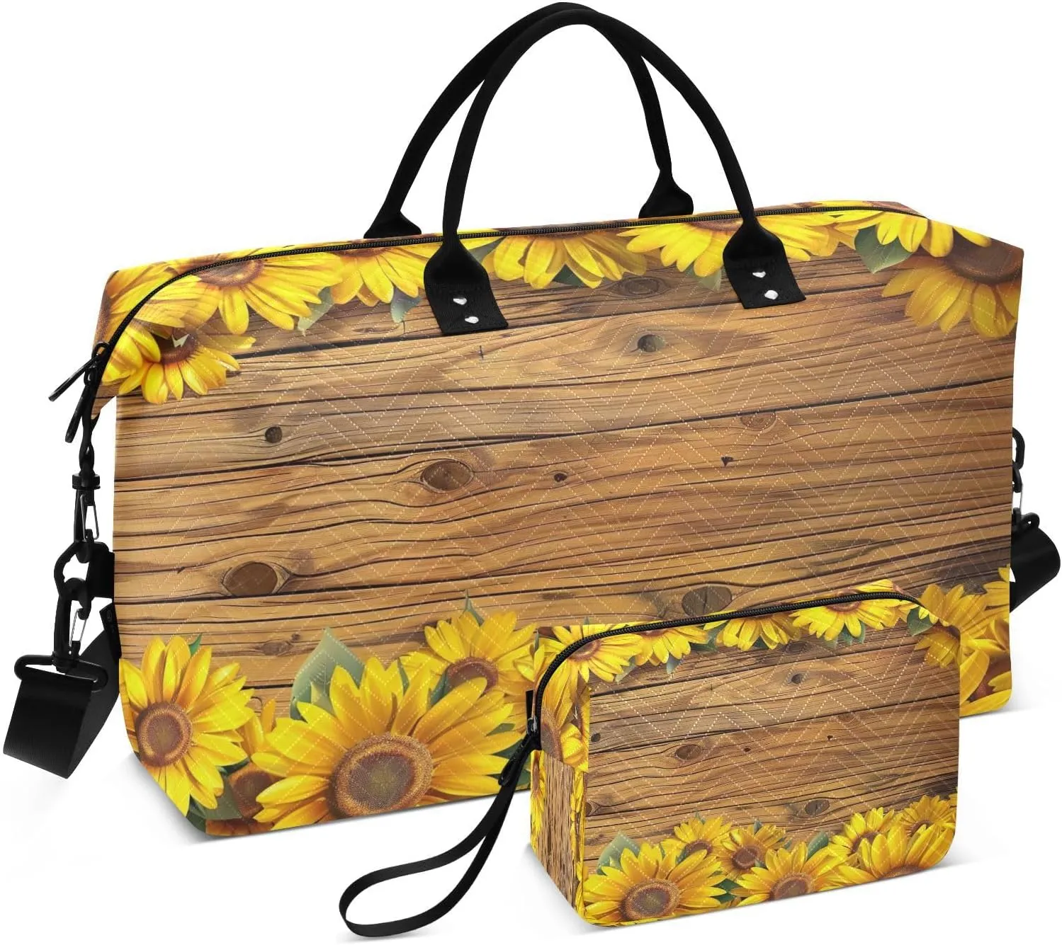 Kigai Sunflower Wood Background Travel Duffel Bags 2PCS,Sports Duffel Bags for Men Women,Weekender Overnight Bag Gym Tote Bag with Toiletry Bag