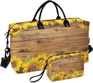Kigai Sunflower Wood Background Travel Duffel Bags 2PCS,Sports Duffel Bags for Men Women,Weekender Overnight Bag Gym Tote Bag with Toiletry Bag