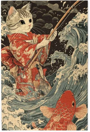 Kimono Attire Cat Fish Jigsaw Puzzle 1000 Piece,20x30 Inches Wooden Picture Jigsaw Puzzles for Adult Family Game