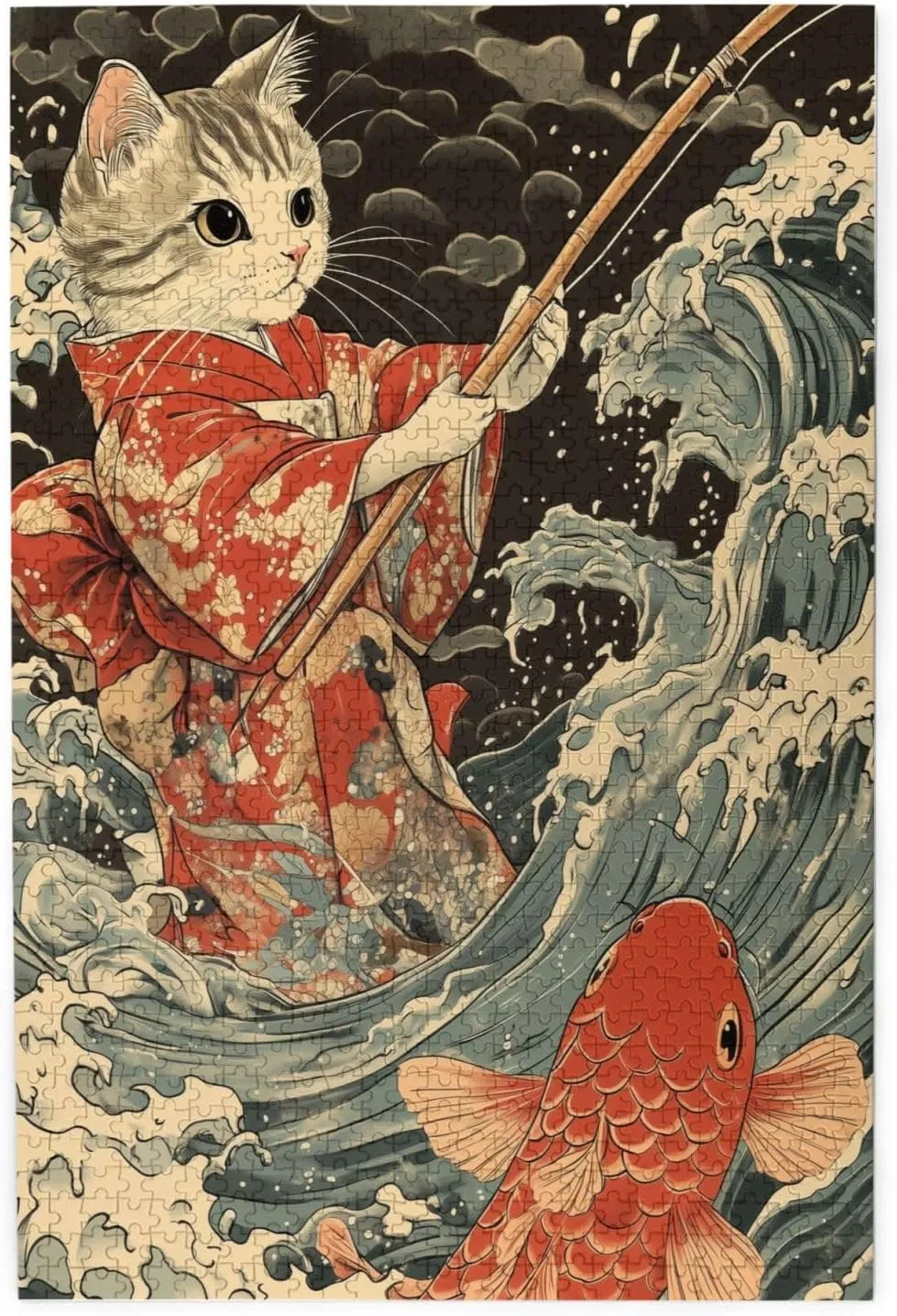 Kimono Attire Cat Fish Jigsaw Puzzle 1000 Piece,20x30 Inches Wooden Picture Jigsaw Puzzles for Adult Family Game