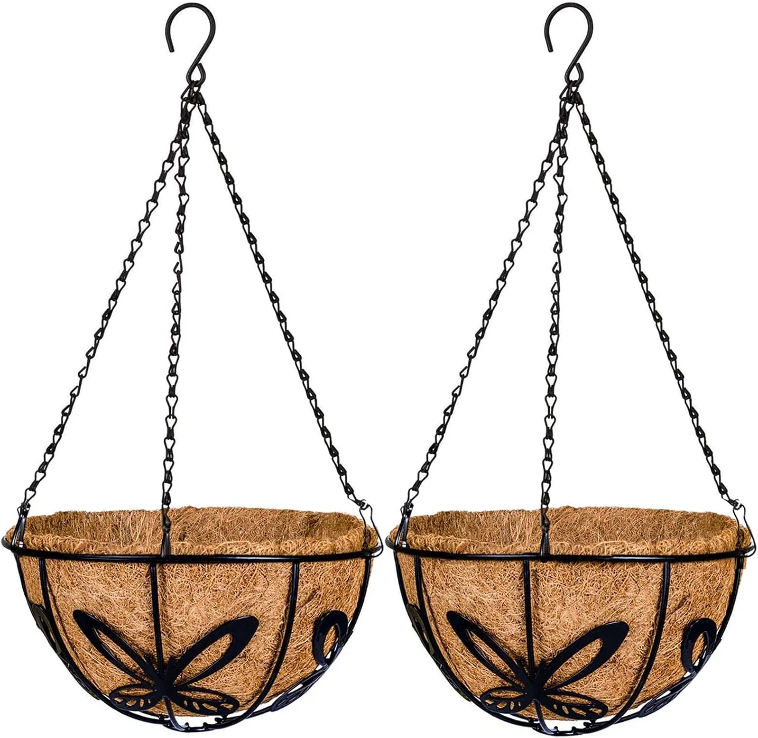 Kingbuy Metal Hanging Planter Basket with Coconut Fiber Liner Chain Wire Plant Holder 10 Inch Flower Pot for Indoor Outdoor Decor, Butterfly Pattern, 2 Pack