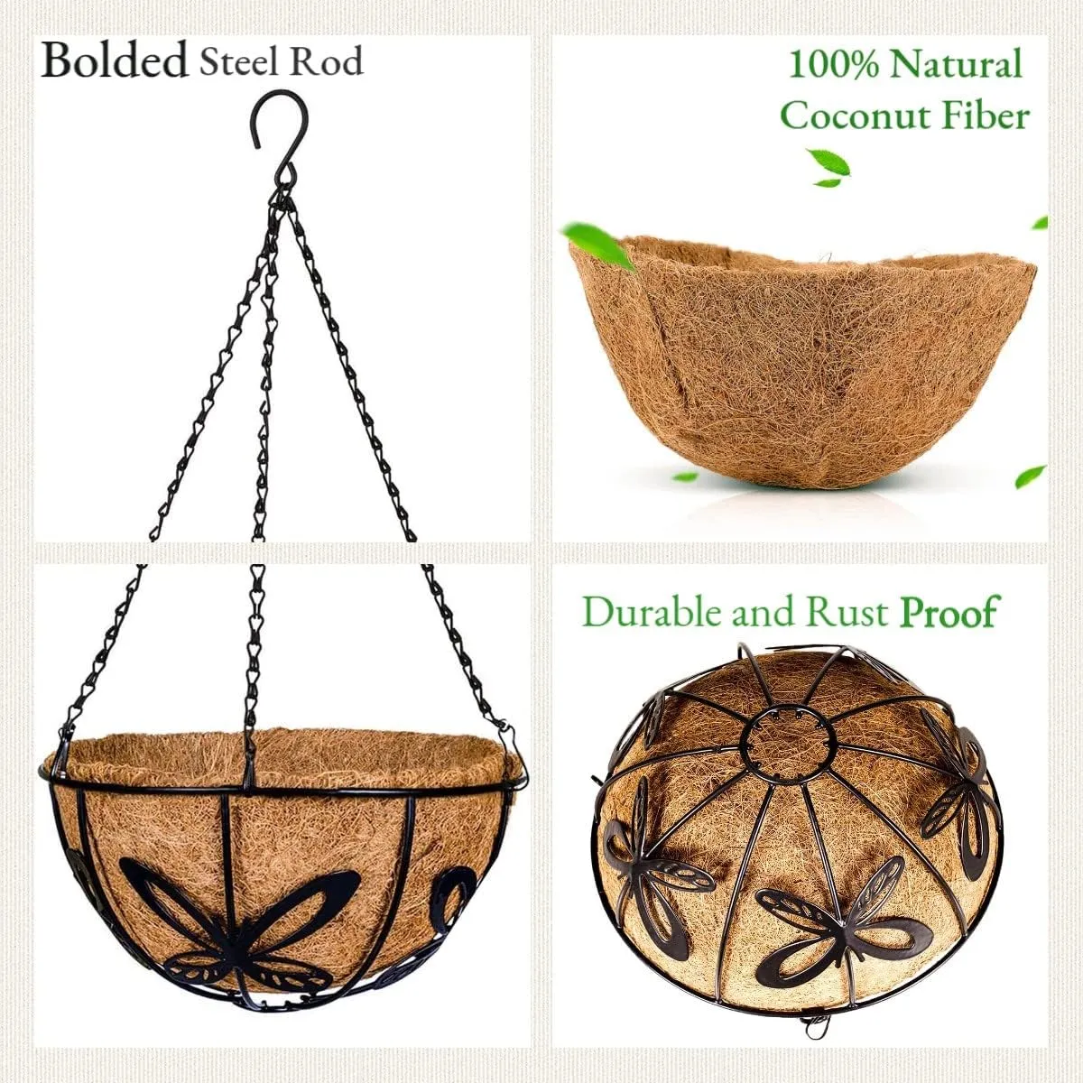 Kingbuy Metal Hanging Planter Basket with Coconut Fiber Liner Chain Wire Plant Holder 10 Inch Flower Pot for Indoor Outdoor Decor, Butterfly Pattern, 2 Pack