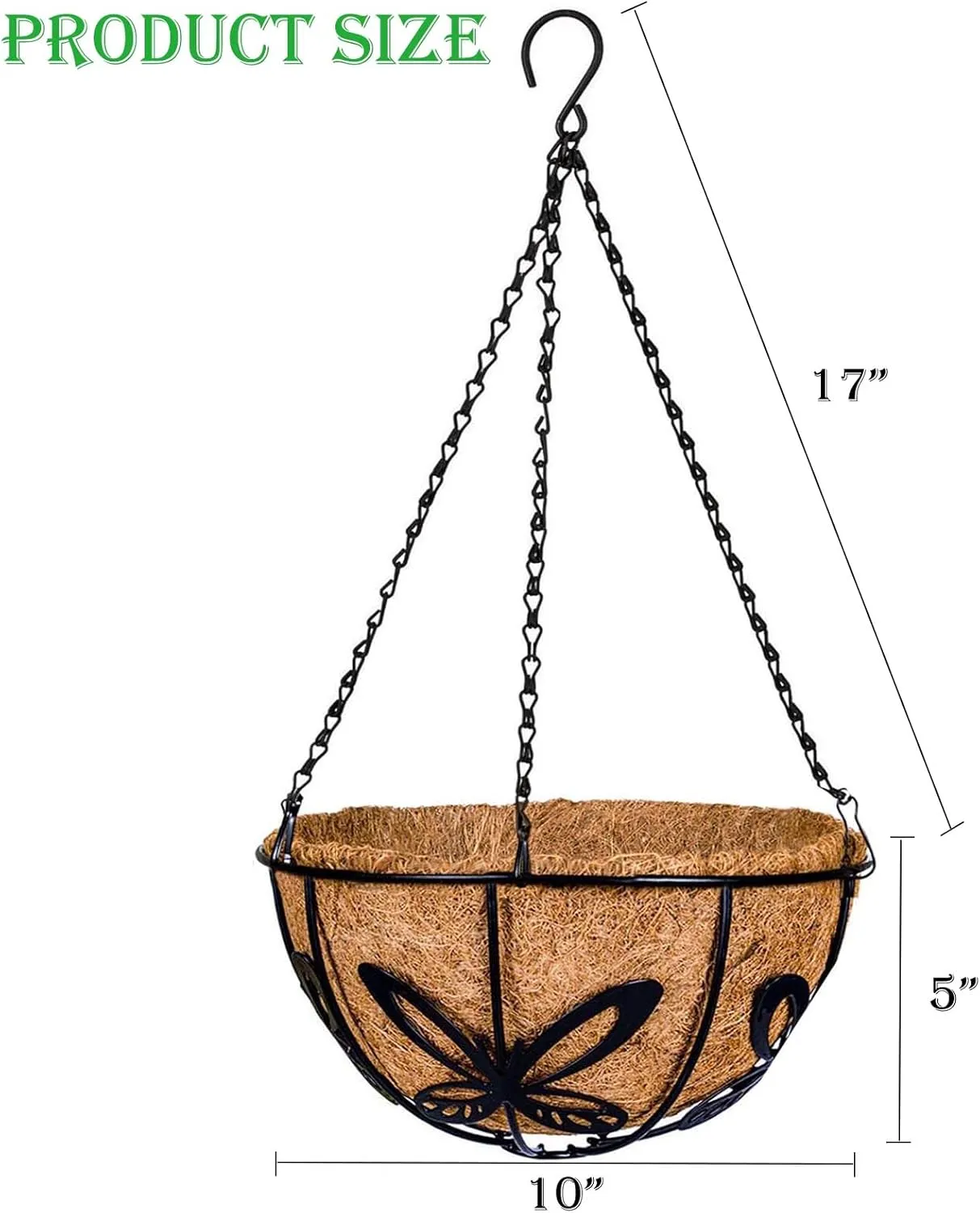 Kingbuy Metal Hanging Planter Basket with Coconut Fiber Liner Chain Wire Plant Holder 10 Inch Flower Pot for Indoor Outdoor Decor, Butterfly Pattern, 2 Pack