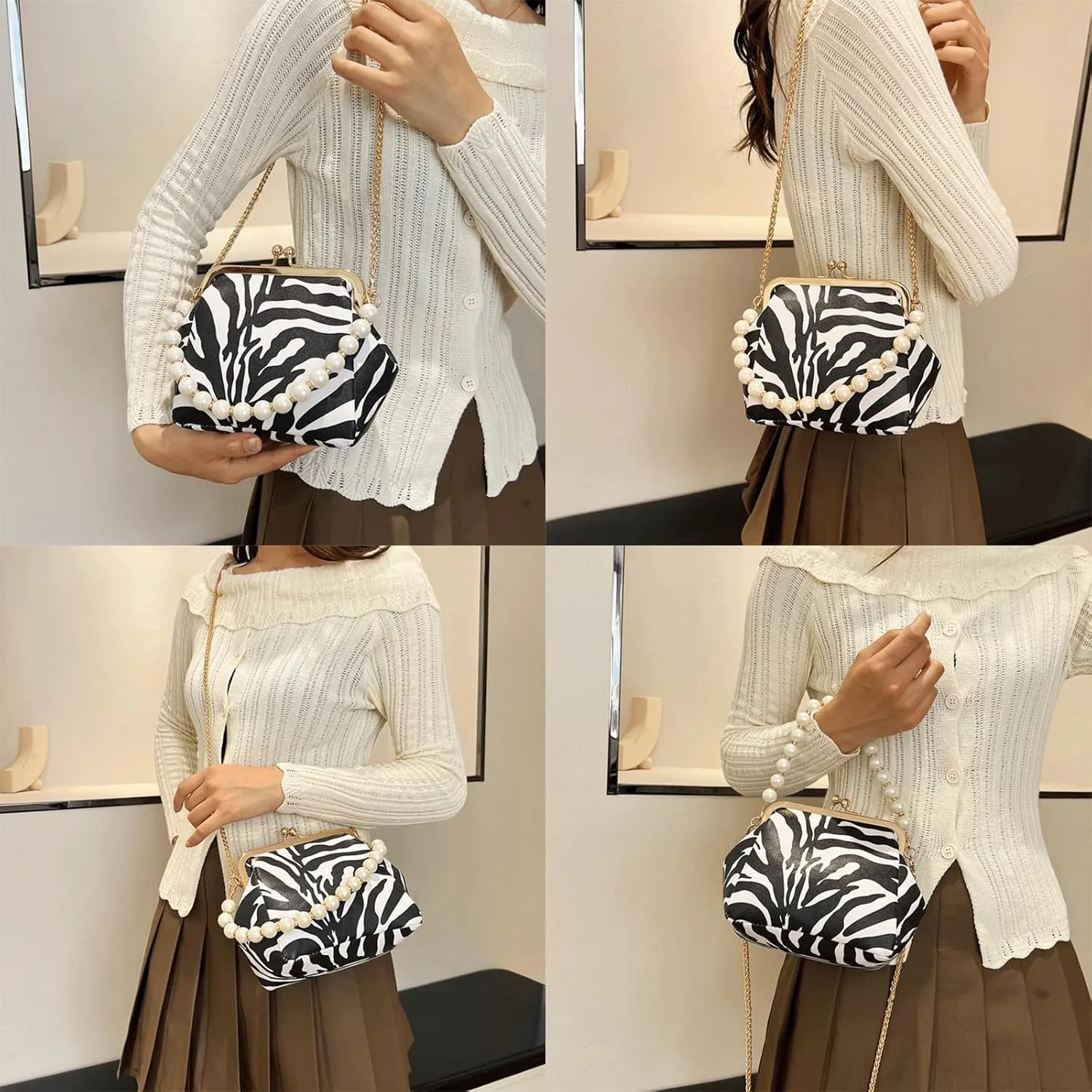 Kiss Lock Purse and Handbag for Women Animal Print Crossbody Bag Pearl Chain Handbags Kiss Clasp Tote Shoulder Bags