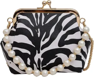 Kiss Lock Purse and Handbag for Women Animal Print Crossbody Bag Pearl Chain Handbags Kiss Clasp Tote Shoulder Bags