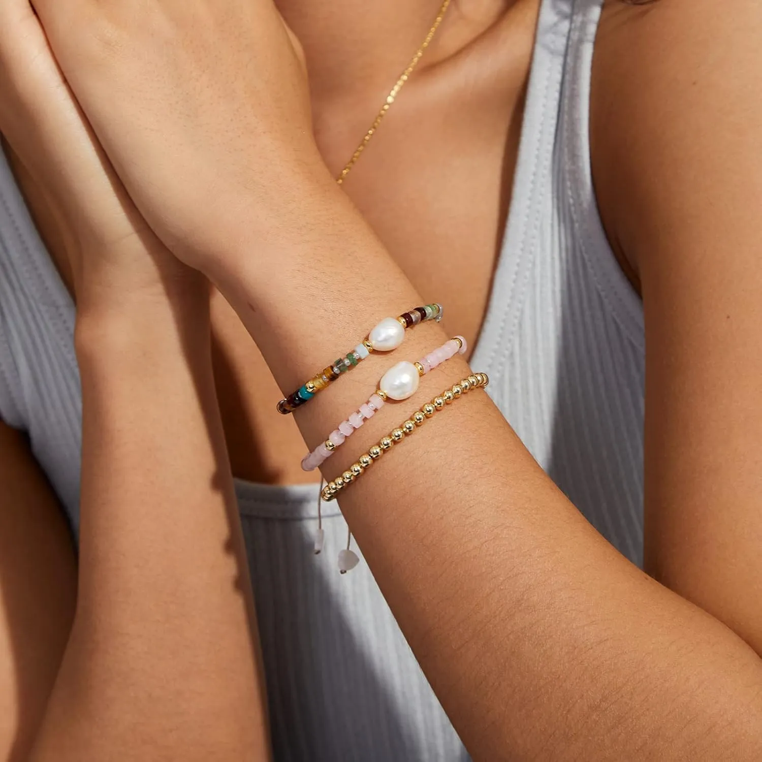 KissYan Healing Crystal Bracelet with Irregular Pearl for Women, Natural Semi-Precious Gemstones Adjustable Beads Bracelet Genuine Freshwater Cultured Pearl Meditation Spiritual Gifts
