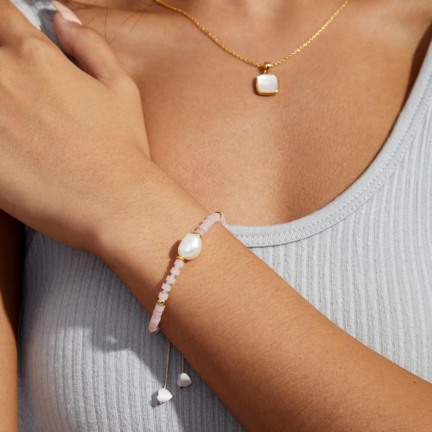 KissYan Healing Crystal Bracelet with Irregular Pearl for Women, Natural Semi-Precious Gemstones Adjustable Beads Bracelet Genuine Freshwater Cultured Pearl Meditation Spiritual Gifts