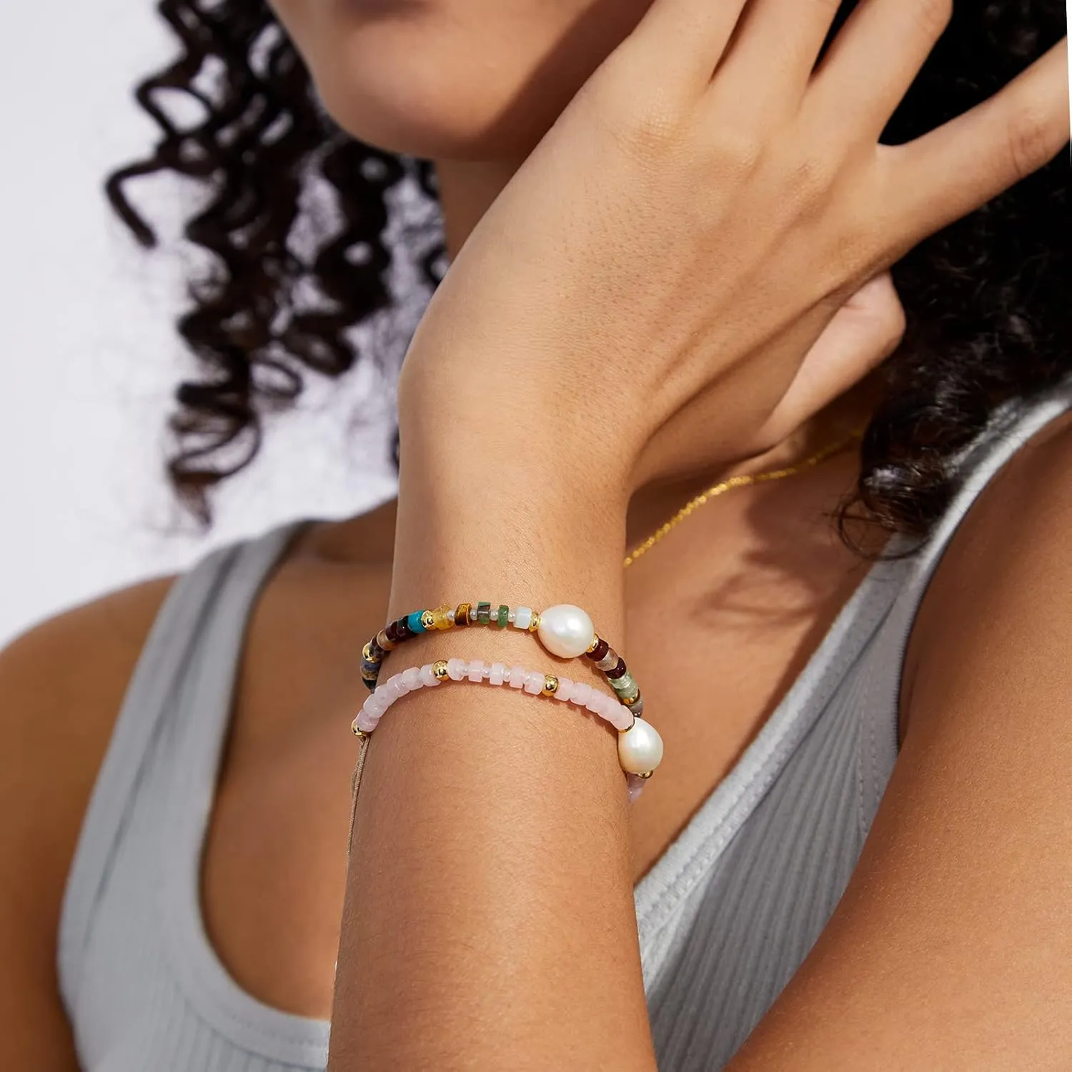 KissYan Healing Crystal Bracelet with Irregular Pearl for Women, Natural Semi-Precious Gemstones Adjustable Beads Bracelet Genuine Freshwater Cultured Pearl Meditation Spiritual Gifts