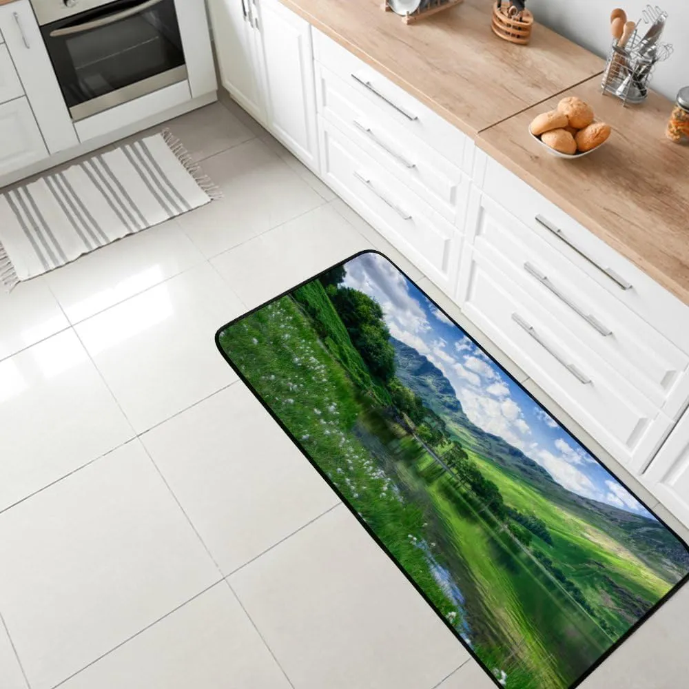 Kitchen Rug Runner Long Floor Mat Mountain Valley Spring Green Hills Soft Bath Carpet Non-Slip Washable Decoration Living Room Home 39×20 Inch