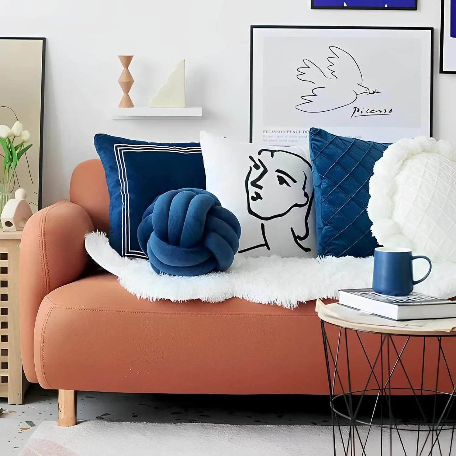 Knot Ball Pillows, Round Throw Pillow Cushion Home Decoration Soft Plush Pillow, Throw Knotted Ball Pillow Handmade Children Room Decoration Round Plush Toy Pillow (Dark Blue,8.5"/22cm)