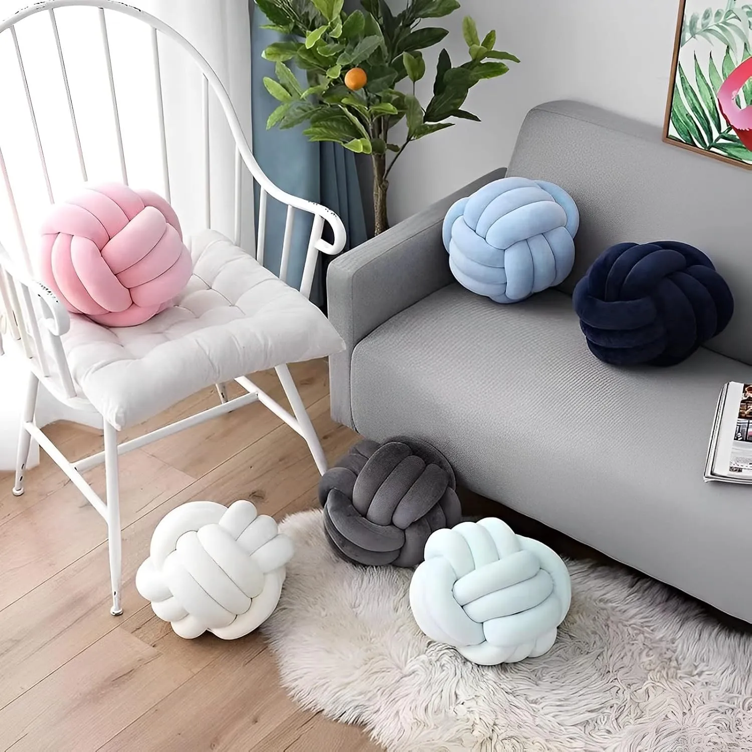 Knot Ball Pillows, Round Throw Pillow Cushion Home Decoration Soft Plush Pillow, Throw Knotted Ball Pillow Handmade Children Room Decoration Round Plush Toy Pillow (Dark Blue,8.5"/22cm)